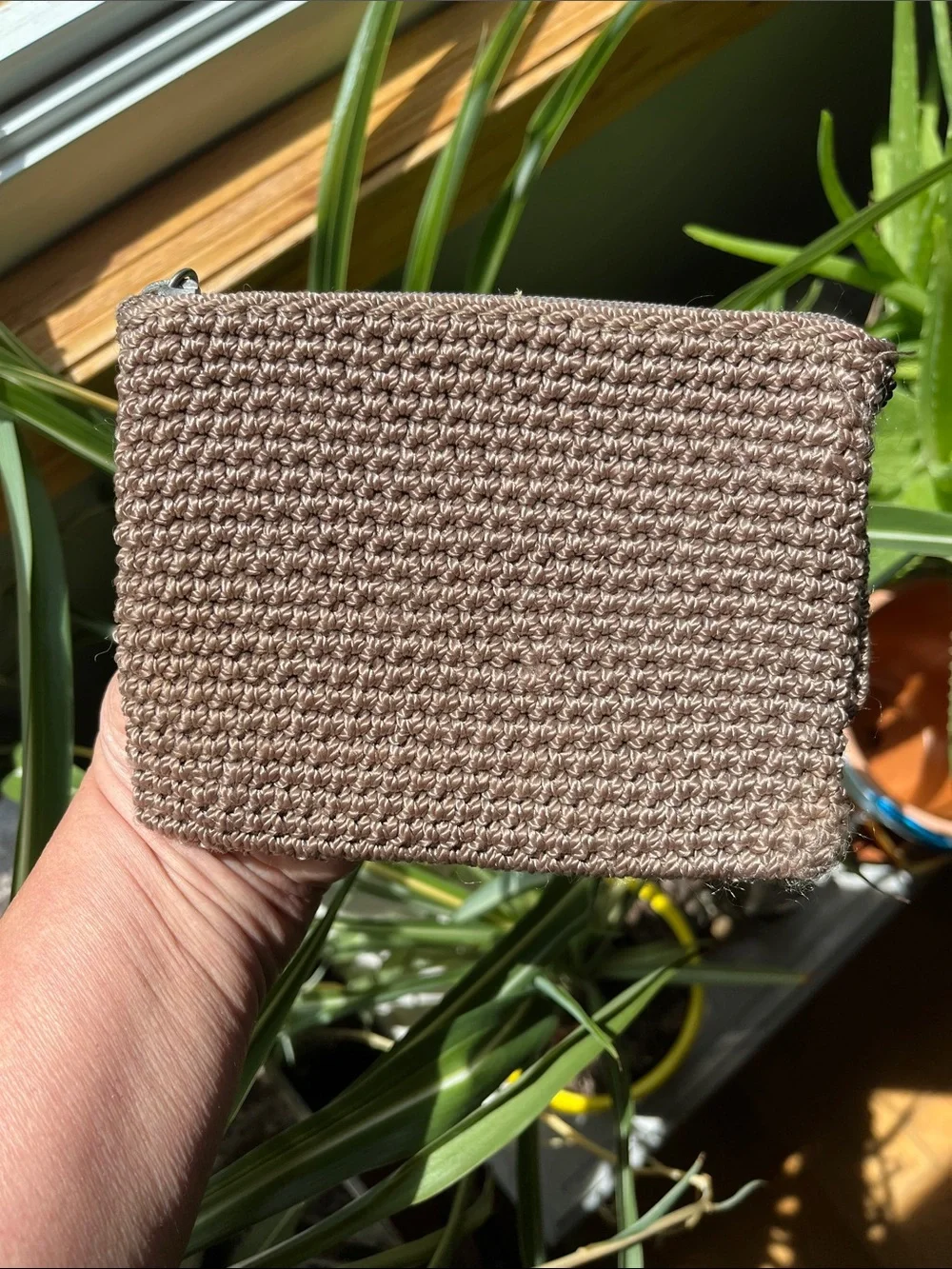 The SAK Taupe Crochet Zippered Cosmetic/Catch All Pouch/Bag Zip Closure